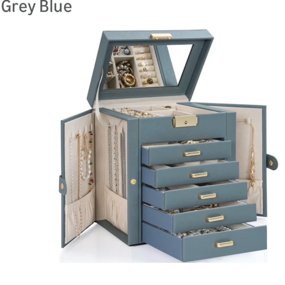 Blue Jewelry Storage Box with Drawers and Handle - Picture 3 of 7